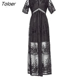 2023 Summer Boho Women Maxi Dress Loose Embroidery White Lace long Tunic Beach Dress Vacation Holiday Women