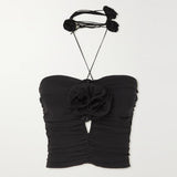 Black Patchwork Floral Vest For Women Halter Sleeveless Solid Sexy Camis Female Summer Clothing Style 2022