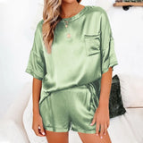 Womens Silk Satin Pajamas Pyjamas Set Short Sleeve Sleepwear Pajamas Suit Female Sleep Two Piece Set Loungewear Home