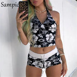 Y2K Casual Print Women Tracksuit Shorts Matching Set Halter Sexy Tops And Mini Biker Skinny Shorts Two Piece Set