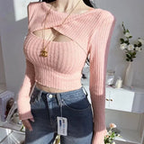 Spring Women Solid Short T-Shirts Sexy Crop Top Long Sleeve Bandage Tee Tops Female Backless Fake Two Tshirt Korean Clothes-Outfit