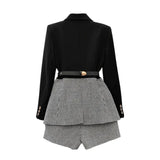 Korean Patchwork Plaid Two Piece Set For Women Lapel Long Sleeve Sashes Blazer Wide Leg Shorts Casual Sets