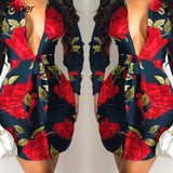 Elegant V Neck Long Sleeve Plunging Knot Tie Floral Print Shirt Dress Women Spring Autumn Workwear Mini Dress