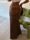 Elegant Fashion Pu Leather Split Skirt Vintage Slim Low-Waisted Maxi Skirts Women 2023 Autumn Spring Ladies Streetwear-Outfit