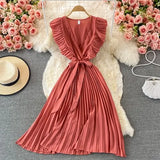 Summer Women Green/Red/Beige Pleated Midi Dress Vintage V-Neck Draped Party Robe Female Elegant Casual Vestidos New Fashion