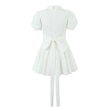 Sexy White Lapel Collar Low Chest Corset Style Mini Dress Short Puff Sleeve Women Tie Bow Sashes Ruched Pleated Hem Robe-Outfit