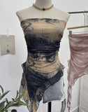 Real Shooting 2024 Summer New Dyed Printing Mesh Yarn Chest Sleeveless Top Irregular Ribbon Vest