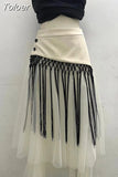 Patchwork Tassel Irregular Skirts For Women High Waist Spliced Mesh A Line Midi Skirt Female Clothing Fashion Style 2023