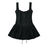 Cross Bandage Lacing Up Bow Corset Style Sling Dress Party Women Slash Collar Low Waist Ruffles Hem Mini Robe Black-Outfit
