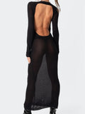 Sexy Women Summer Autumn Party Long Dress Solid Round Neck Long Sleeve Backless Knitted Dress Female Vestido Clubwear-Outfit