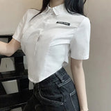 Y2K White Corest Top Cotton Preppy Style T Shirt Cute Summer Korean Style Short Women's Tees Turn Down Collar