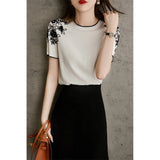 Shoulder Embroidery Hook Flower Round Neck Pullover Sweater Summer New Loose Ice Silk Short-Sleeved T-Shirt Girl-Outfit