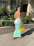 Summer Streetwear Sleeveless Long Maxi Bodycon Dress Women Print O Neck Cami Strap Tie Dye Blue Backless Dresses For