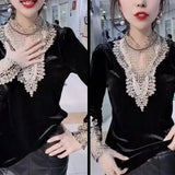 Lace Hollow Out Spliced Blouse Autumn Winter Slim Long Sleeve Basic Women's Clothing Casual Stand Collar Vintage Shirt-Outfit