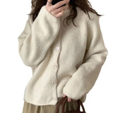 Soft Waxy Round Neck Long-Sleeved Knitted Cardigan Women's 2024 Autumn And Winter Short Lazy Style Solid Color Sweater Jacket-Outfit