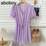 Women Dot Chiffon Rompers short sleeves Korean beach overalls bohemian loose casual summer wide leg pants
