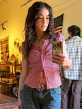 Cloth Forget British Wind Wood Ear V-Neck Check Shirt Temperament Waist Button Bubble Sleeve