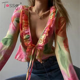 Fashion Boho Ruffle Blouse See-Through Lace V-Neck Tops For Women Long Sleeve Summer Shirt Party Beach Cropped Top