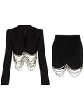 TWOTWINSTYLE Slim Chain Hem Black Two Piece Set Women Notched Collar Long Sleeve Blazers High Waist Mini Skirt Solid Sets