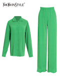 Green Two Piece Set Womens Lapel Long Sleeve Tops High Waist Loose Wide Leg Pant Solid Sets Female Spring