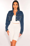 Fashion Blue Ripped Button Long Sleeve Short Jeans