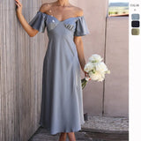 Summer Women's New Temperament Pure Color V-Neck Sexy Elegant High-Waisted Dress