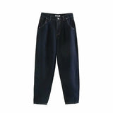 Jeans Solid Pants Loose High Waist Female Harem Denim Trousers Pockets Pleated Streetwear 2021 Spring Casual Slouchy