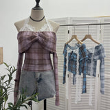 Lace Hanging Neck Shoulder Mesh Yarn Long-Sleeved Top Design Y2k Short Repair T-Shirt