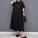 Women's Clothing Korean Pleated Patchwork Long Dress Casual Loose Summer All-match Solid Color Commute Polo-Neck Button Dresses-Outfit
