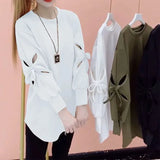 Solid Color Cut Out Sweatshirts Female Clothing Korean Loose Spring Autumn Long Sleeve Casual Bow Round Neck