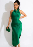 Sexy V-neck Sleeveless Solid Satin Backless Maxi