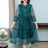 New Casual Half Sleeve Midi Dress Vintage Printed Women's Clothing Ruffles Spliced Stylish Drawstring Loose Gauze