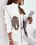 Explosion Autumn And Winter Lotus Leaf Side Long Sleeve Zipper Print Suit Small Coat