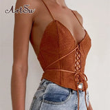 Vintage Fashion Sexy Bandage Straps Crop Tops Women Elegant Ribbed Hollow Out Backless Sleeveless Top