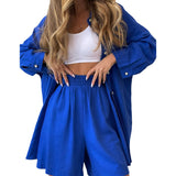 Piece Sets Women Outfits Harajuku Spring Fall Clothes Solid Color Loose Long Sleeve Button-up Shirt Casual High Waist Short-Outfit