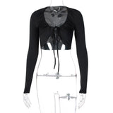 Soild Long Sleeve Lace-up Bandage Crop Top Women Sexy Low Cut Skinny T-shirts Summer Fashion Gothic