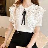 Short Sleeve Knitted Shirt 2021 Sweet Lace Stitching Big Doll Collar Ice Silk Top Knitwear Women White Black Blouse