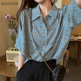 Women Vintage Summer Turn Down Collar Print BF Style New Collection Feminine Cozy Simple All-match Unisex Chiffon