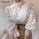Sleeve Stand Collar Hollow Out Flower Lace Patchwork Shirt Femme Blusas All-match Women Lace Blouse Button White Top