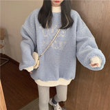 QWEEK 2021 Autumn Lamb Wool Letter Oversized Hoodies Warm Korean Style Casual Harajuku Long Sleeve Pillove Sweatshirt