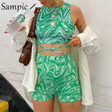 Summer Casual Women Shorts Tracksuit Tie Dye Print Lace Up Skinny Y2K Tops And Bodycon Mini Biker Shorts Two Piece