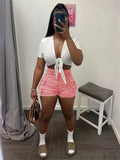 Summer Bodycon Streetwear 2 Two Piece Set Outfits Tracksuit Women Short Sleeve Bandage Crop Top Shorts Black Matching