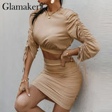 Two piece suits Long sleeve with shirring top and pleated short elegant skirts Women spring summer party club sets