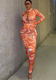 Print Sexy Hollow Out Keyhole Long Bodycon Party