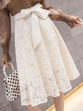 Lady Big Bow High Waist Knee Skirts Women's Summer Clothes New Oversize Fashion A-Line Solid Hollow Out Lace