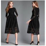 2025 New Women's Dress Round Collar Hollow Simple Lace Long Sleeves Medium Long