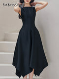 Elegant Black Dress For Women Square Collar Sleeveless High Waist Solid Patchwork Bowknot Midi Dresses Female