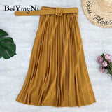 2020 Autumn Summer Women Skirt Midi With Belt Pleated Female Skirts Casual Luxury Korean Faldas Ladies Saias Chic
