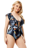 High-Leg Plunge Neck Floral Print Ruffles Plus Size One Piece