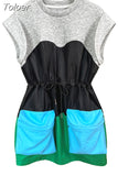 Hit Color Casual Dress For Women Round Neck Sleeveless High Waist Patchwork Drawstring Mini Dresses Female Fashion New